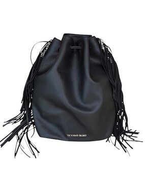 Victoria's Secret Black Fringe Drawstring Faux Leather Backpack